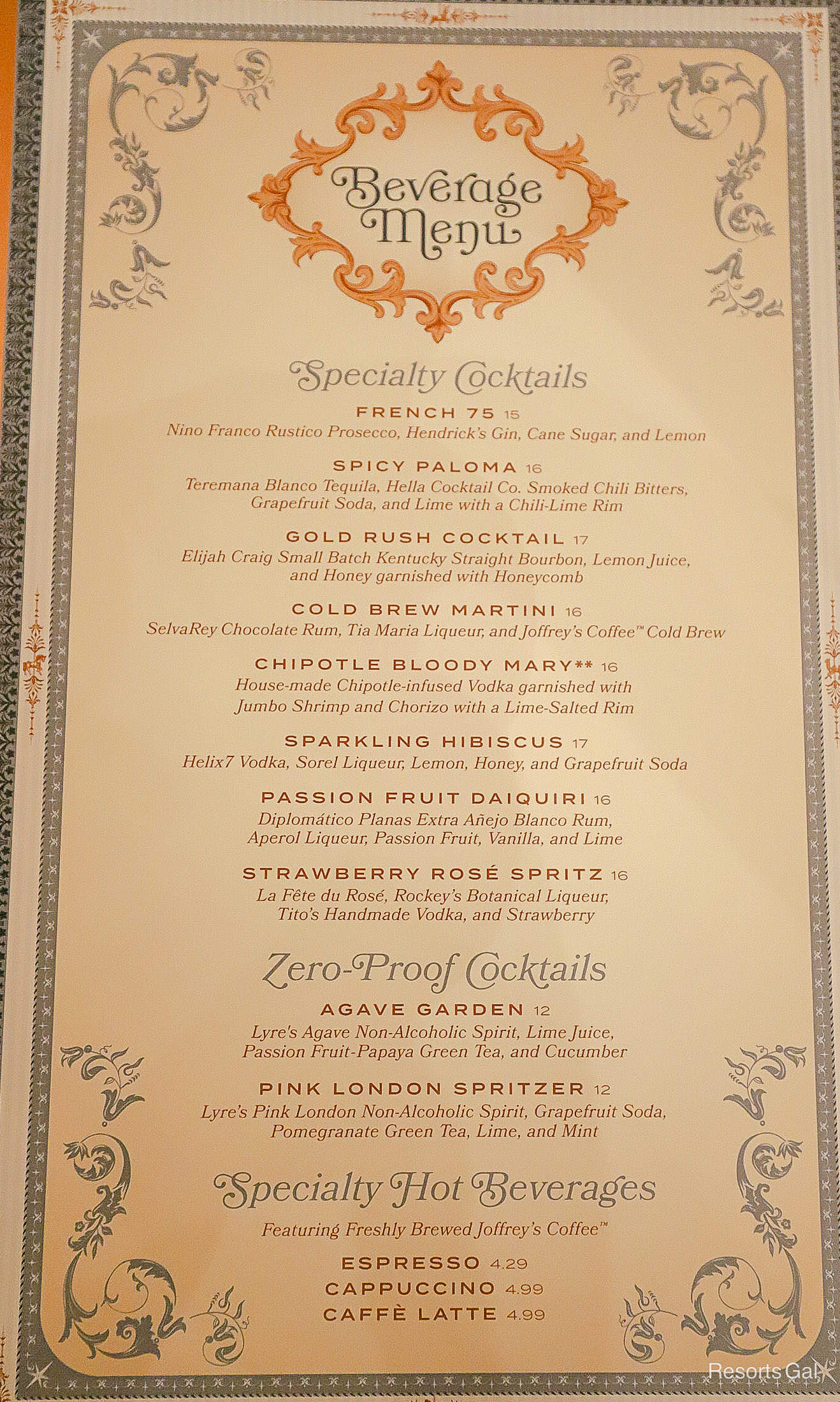 beverage menu for 1900 Park Fare at Disney's Grand Floridian 