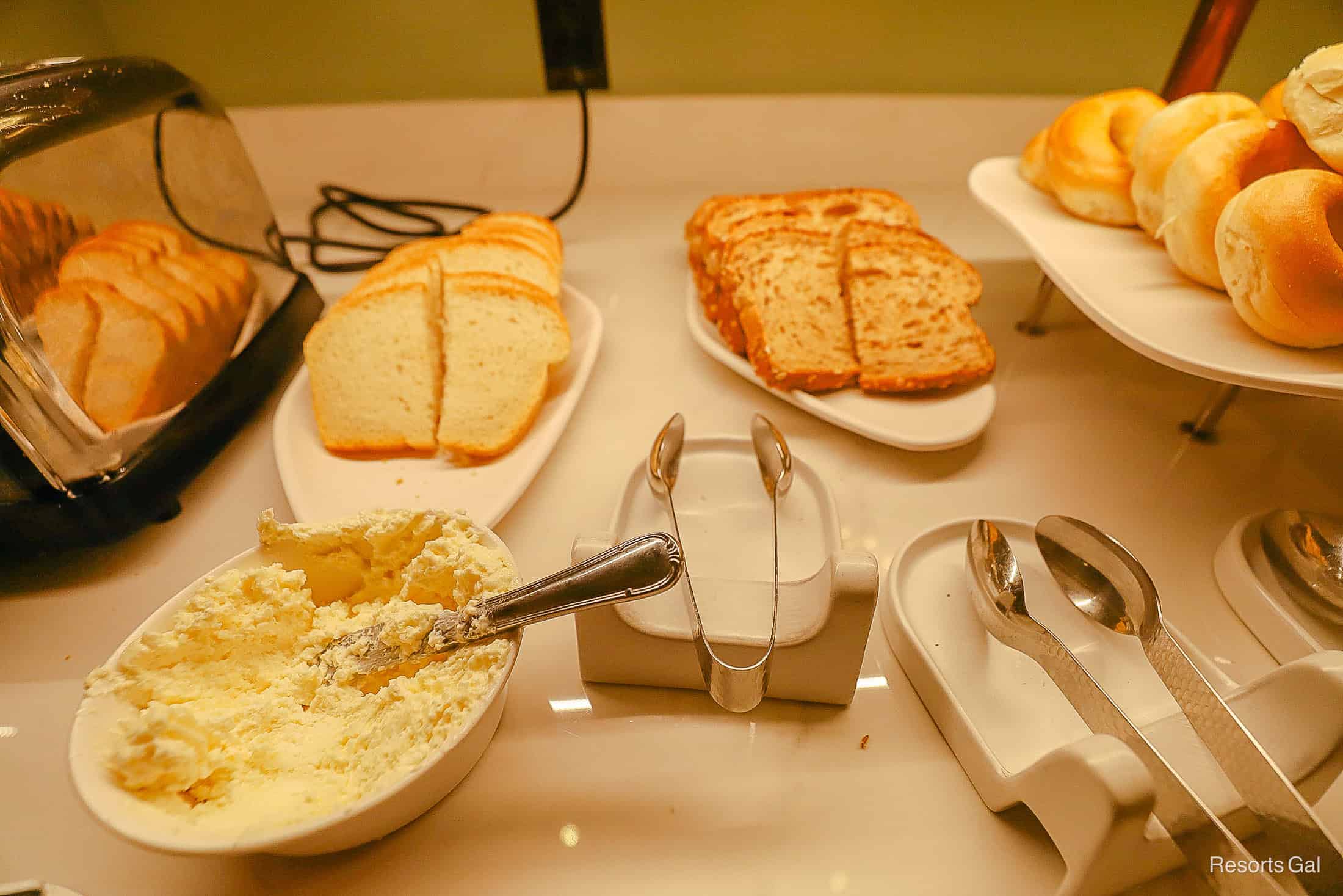 various breads with spreads at 1900 Park Fare breakfast buffet at Disney's Grand Floridian 