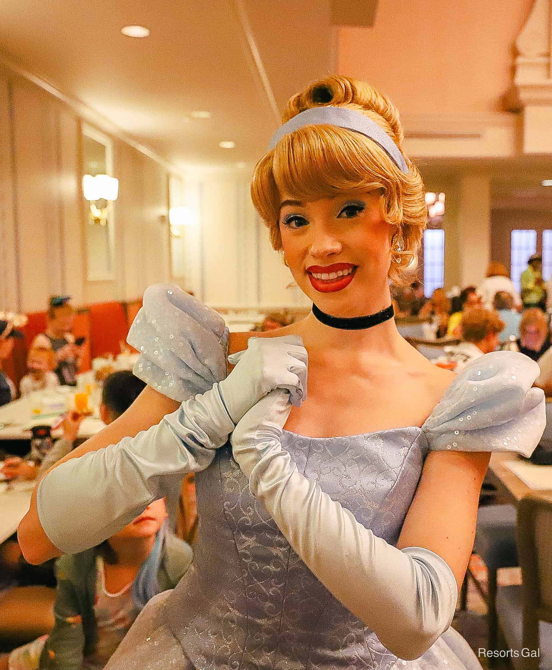 Cinderella in her blue dress at 1900 Park Fare Character Breakfast 
