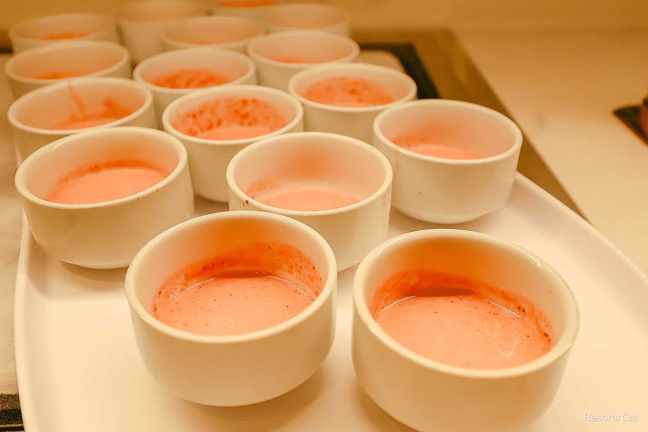 small bowls of strawberry soup on a tray at 1900 Park Fare 