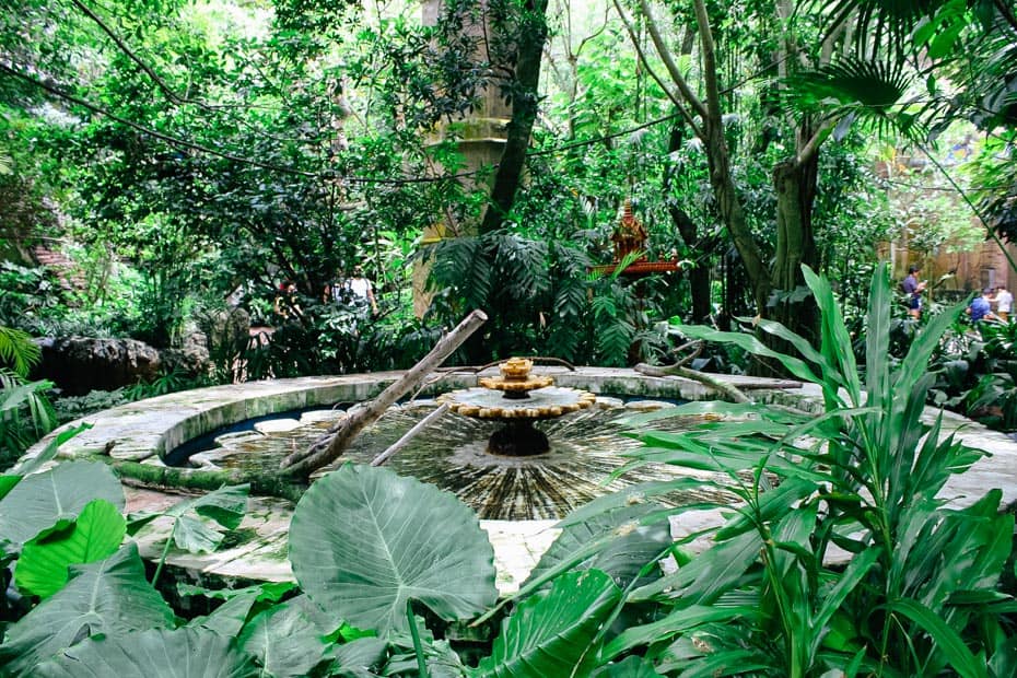 a fountain in the center of the aviary on the Maharajah Jungle Trek 