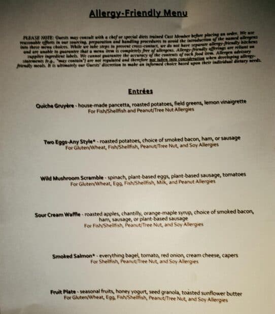 Food Allergy Menu for Topolino's Character Breakfast 