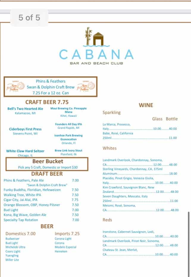 a menu that shows the drink selections at the Cabana Bar and Beach Club