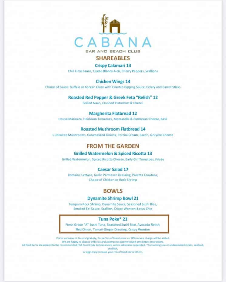 a menu with shareable items, salads, and bowls