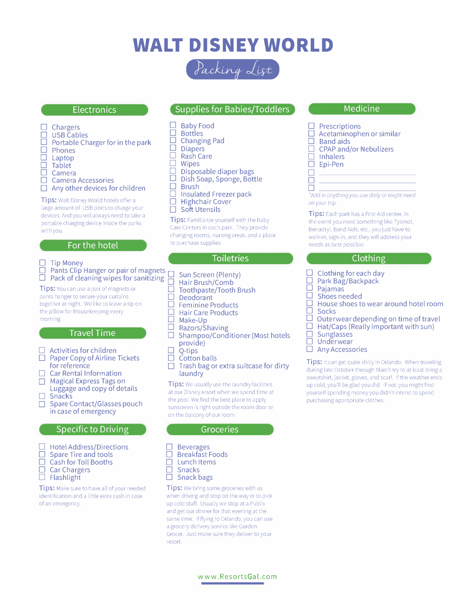 printable walt disney world packing list resorts gal