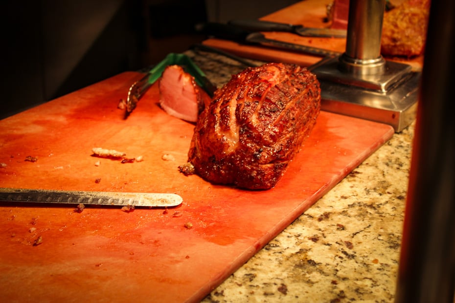 ham resting at a carving station on the Boma breakfast buffet 