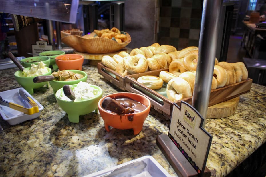 bagels and various spreads including Hazelnut on the Boma Buffet 