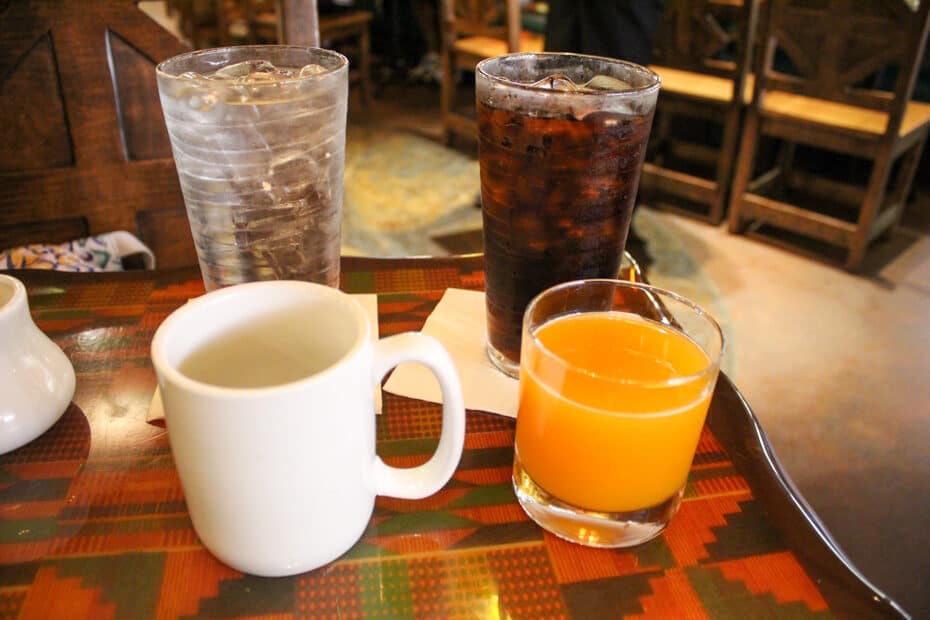 POG juice, a coffee, a water and a diet coke 