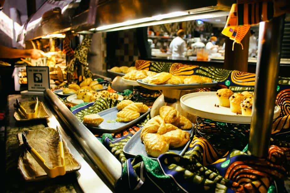 a buffet sections with bread items 