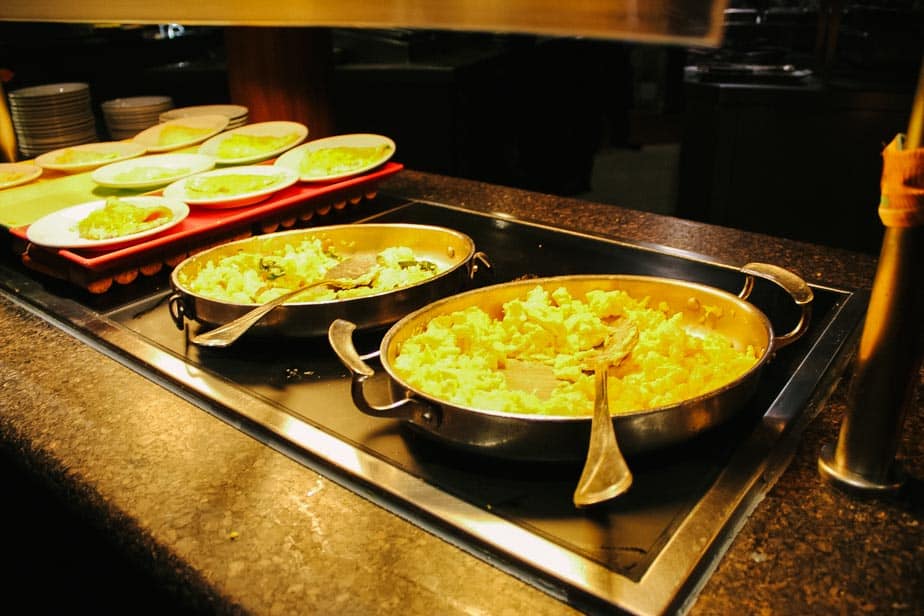various eggs including scrambled on the buffet 