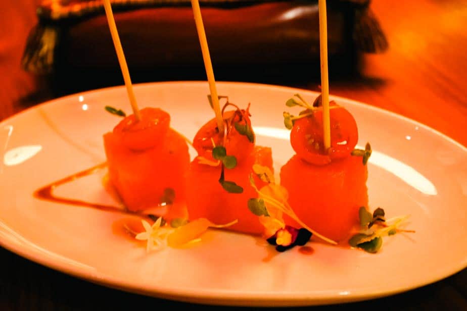 skewered watermelon with cherry tomatoes from Jaleo