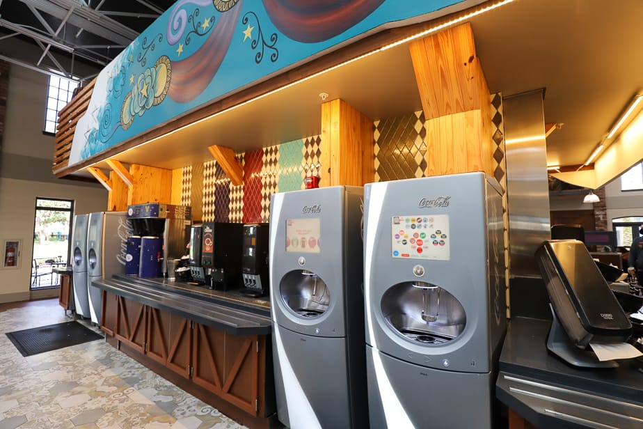Freestyle drink machines at Sassagoula Floatworks where guests can refill Rapid Fill mugs 