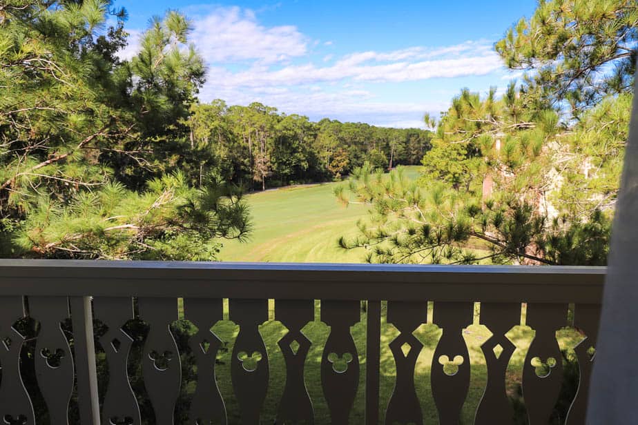 View of the golf course from the balcony of the guest room at The Paddock section of the resort. 