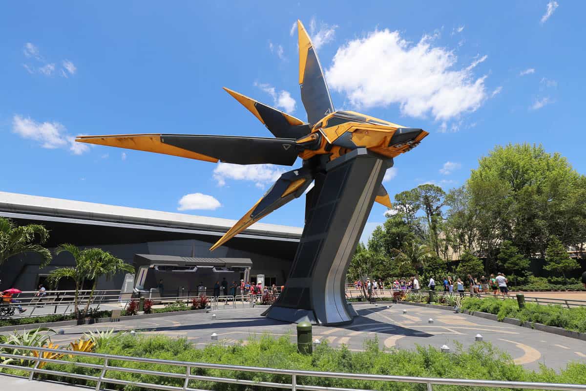 The yellow and gray Starship outside Guardians of the Galaxy Cosmic Rewind. 