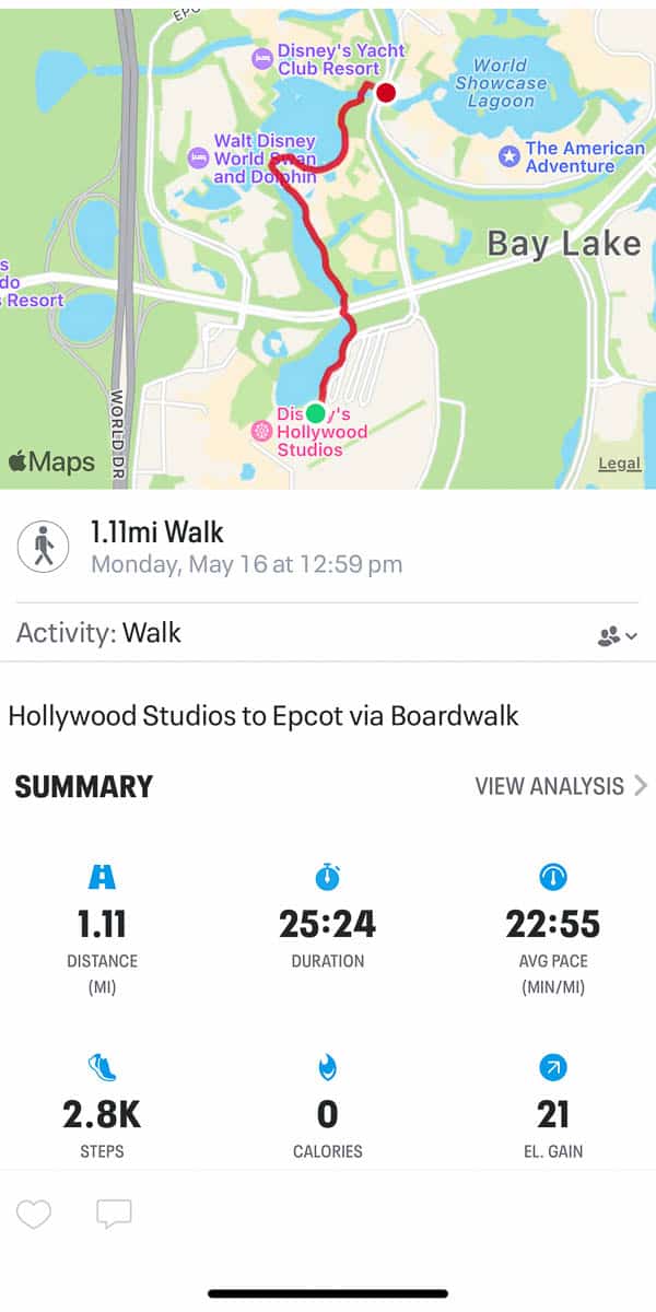 a map of the walk between Hollywood Studios and Epcot that shows the distance 