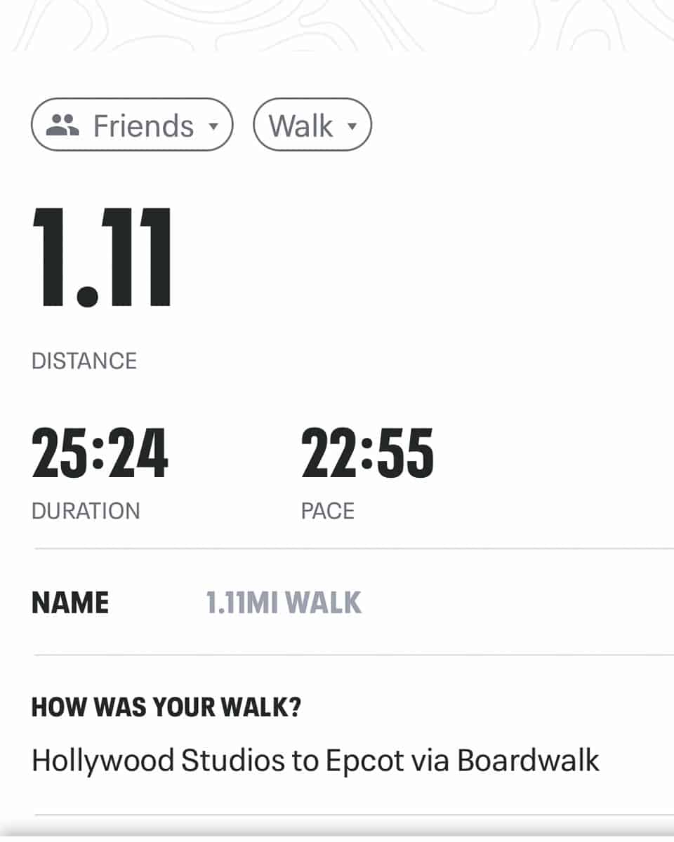 a map showing the total distance of 1.1 miles from Hollywood Studios to Epcot via the Boardwalk 