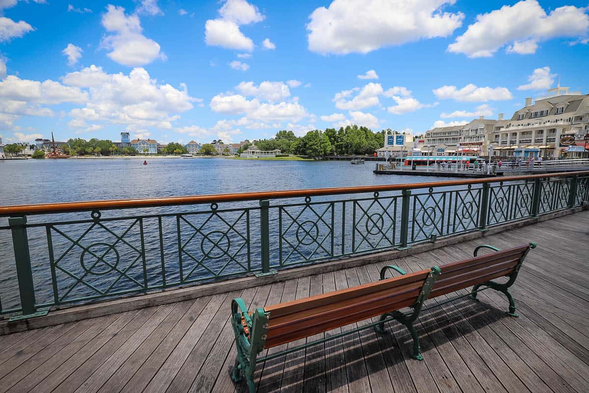 a view of the lake from the walkway from Hollywood Studios to Epcot via the Boardwalk 