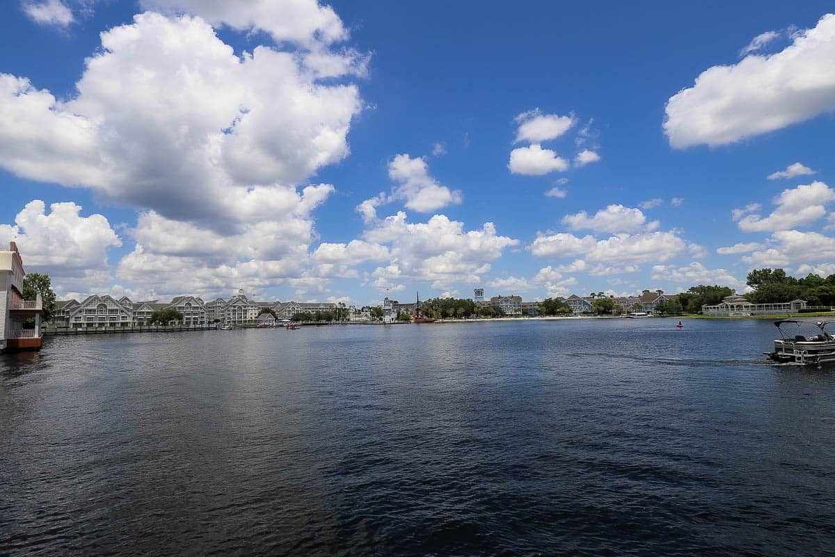 views of Disney's Beach Club and Yacht Club across the lake from the Boardwalk 