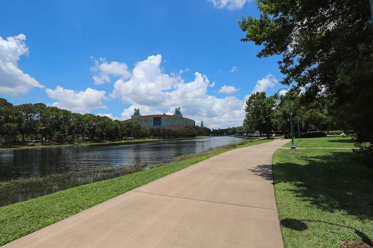 The Swan and Dolphin Resorts sitting across the walkway in the distance. 