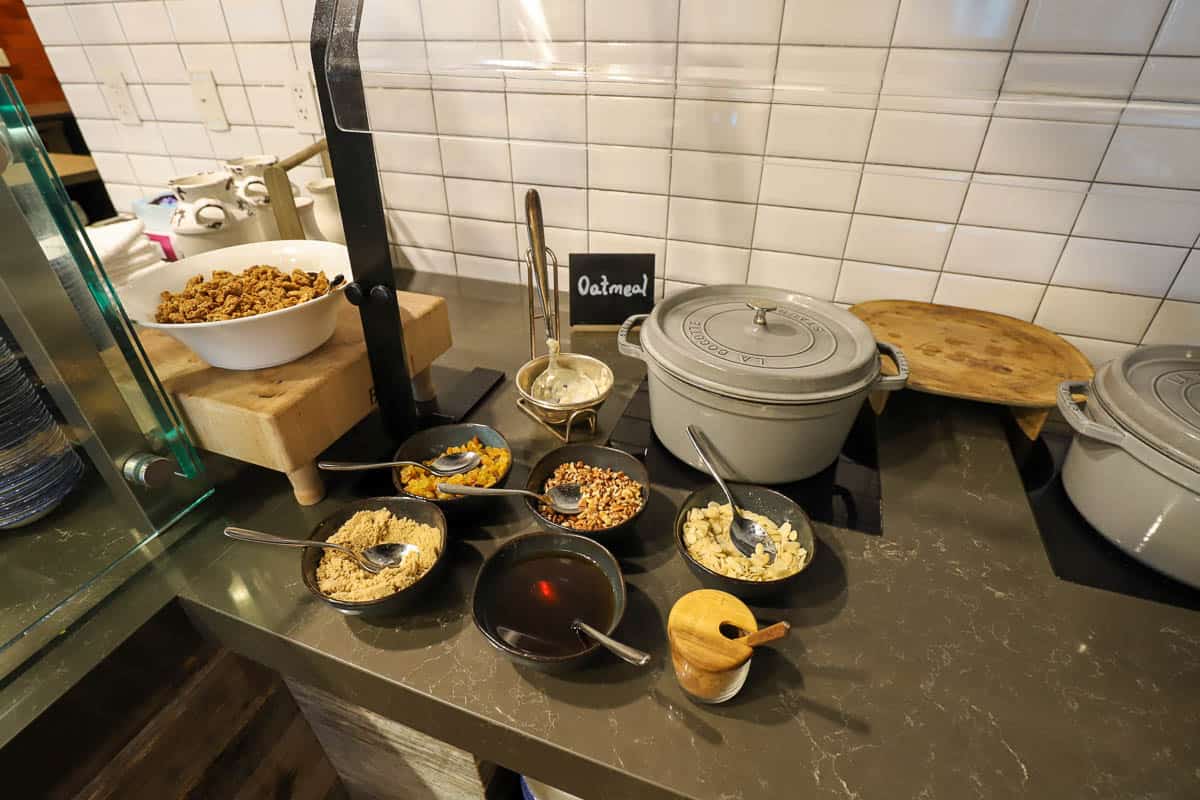 oatmeal with toppings on the breakfast buffet at the hotel 