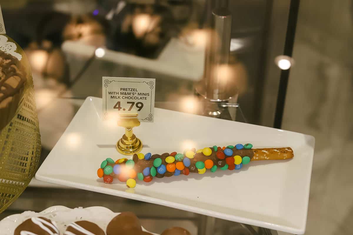 a pretzel stick dipped in M&Ms in the Main Street Confectionery 