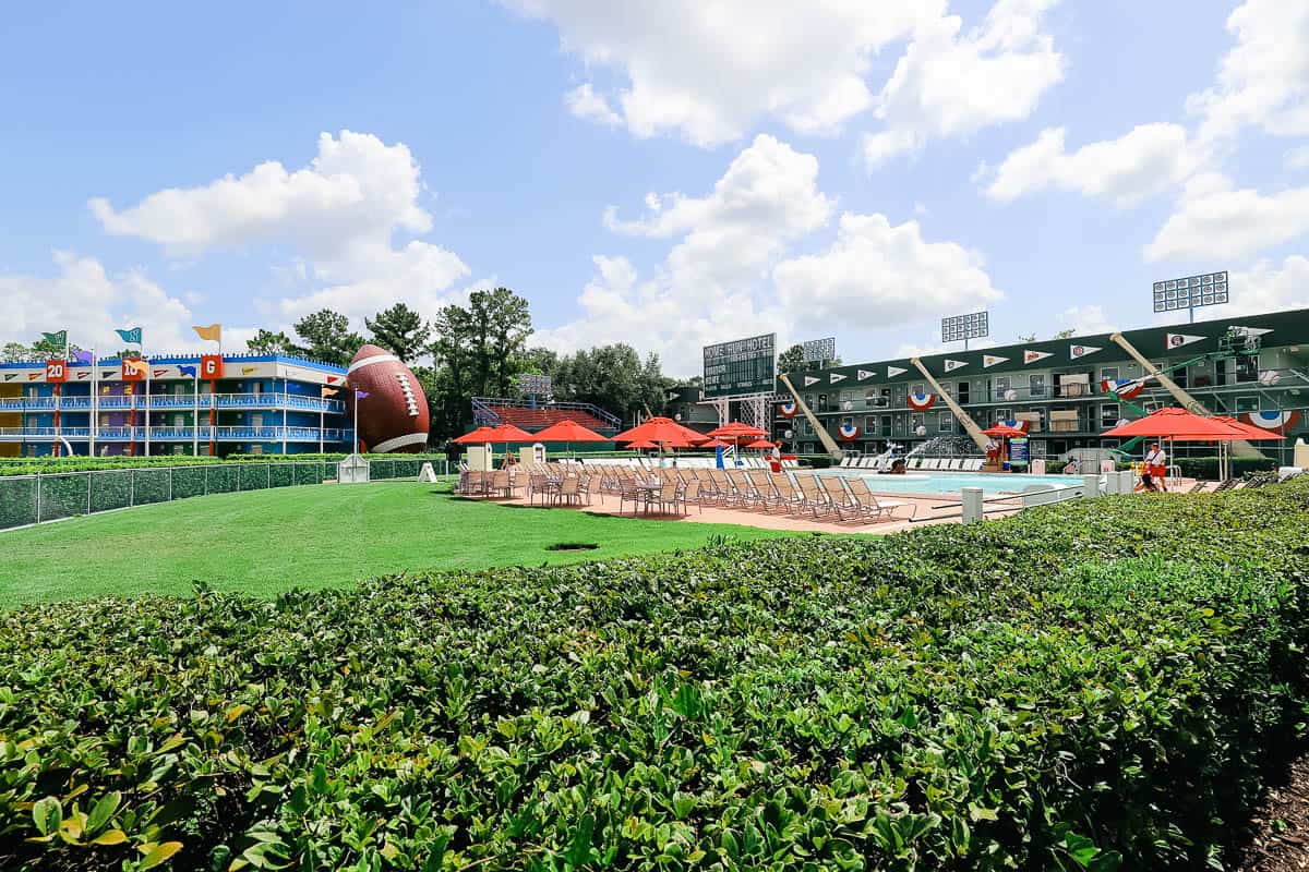 The Grand Slam Pool looks like a baseball field. The green space behind the pool is the outfield. 