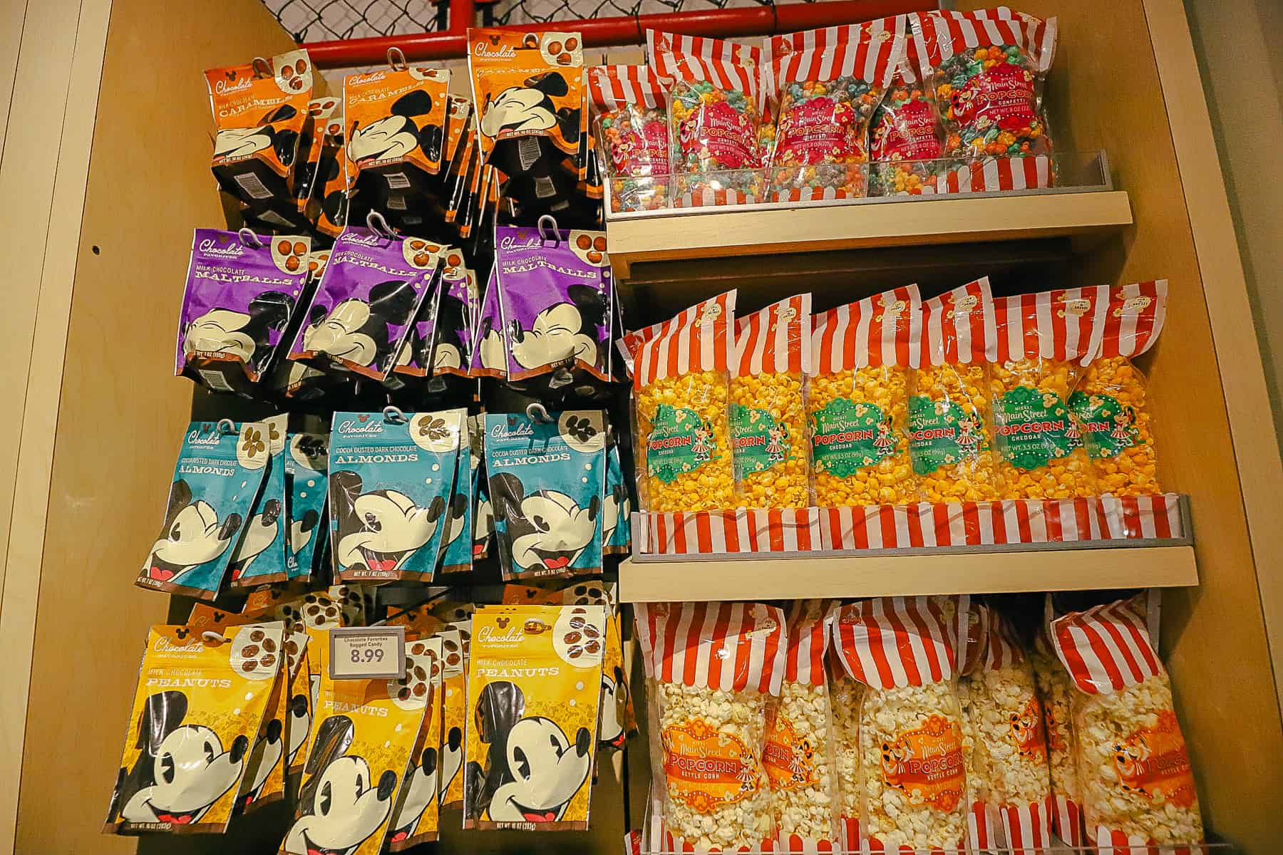 candy with Mickey Mouse on the package and popcorn 
