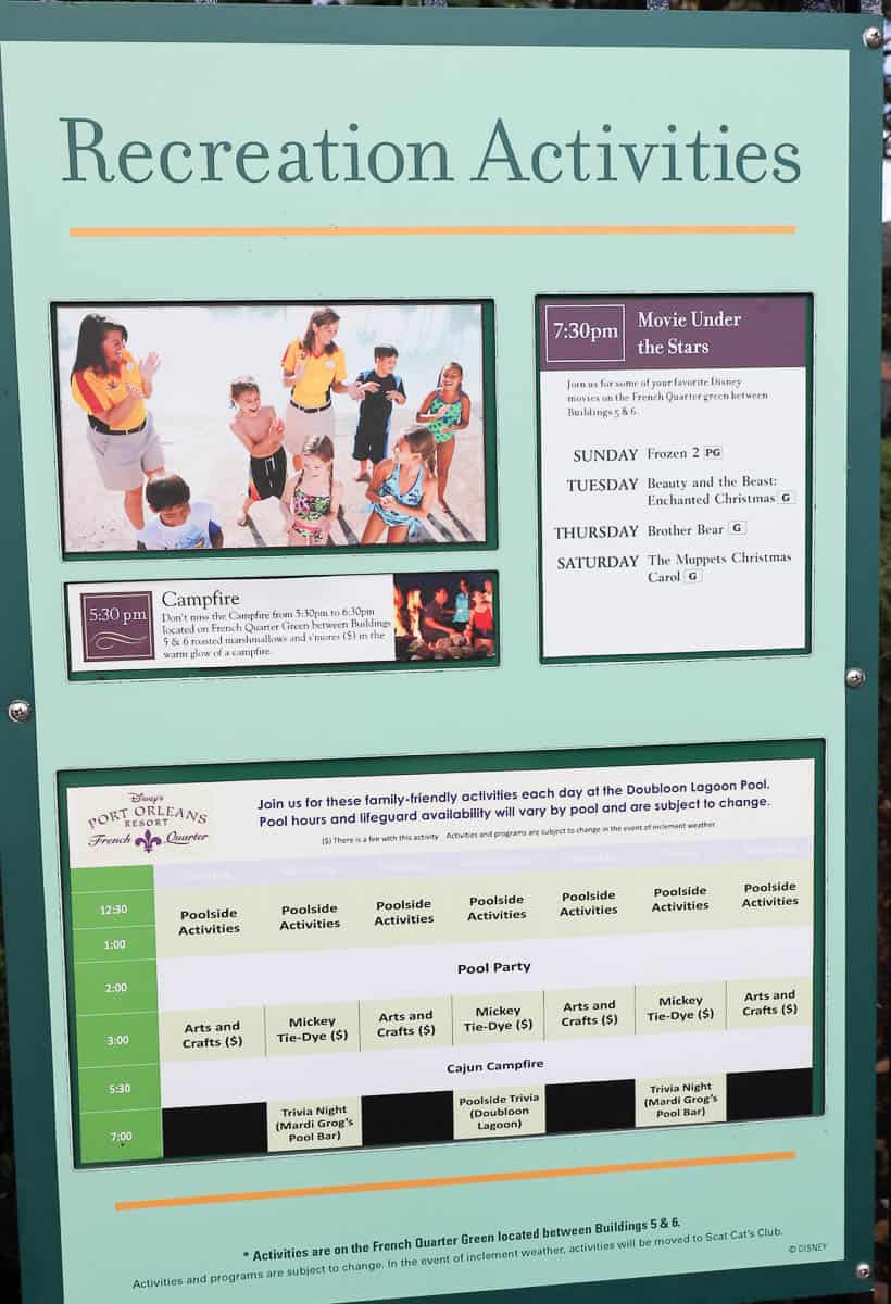 a sample recreation calendar for Port Orleans French Quarter