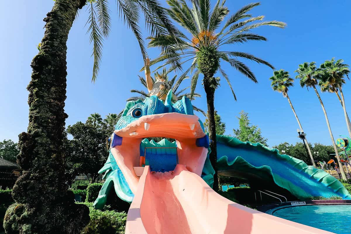 the slide at French Quarter looks like a serpent's pink tongue 