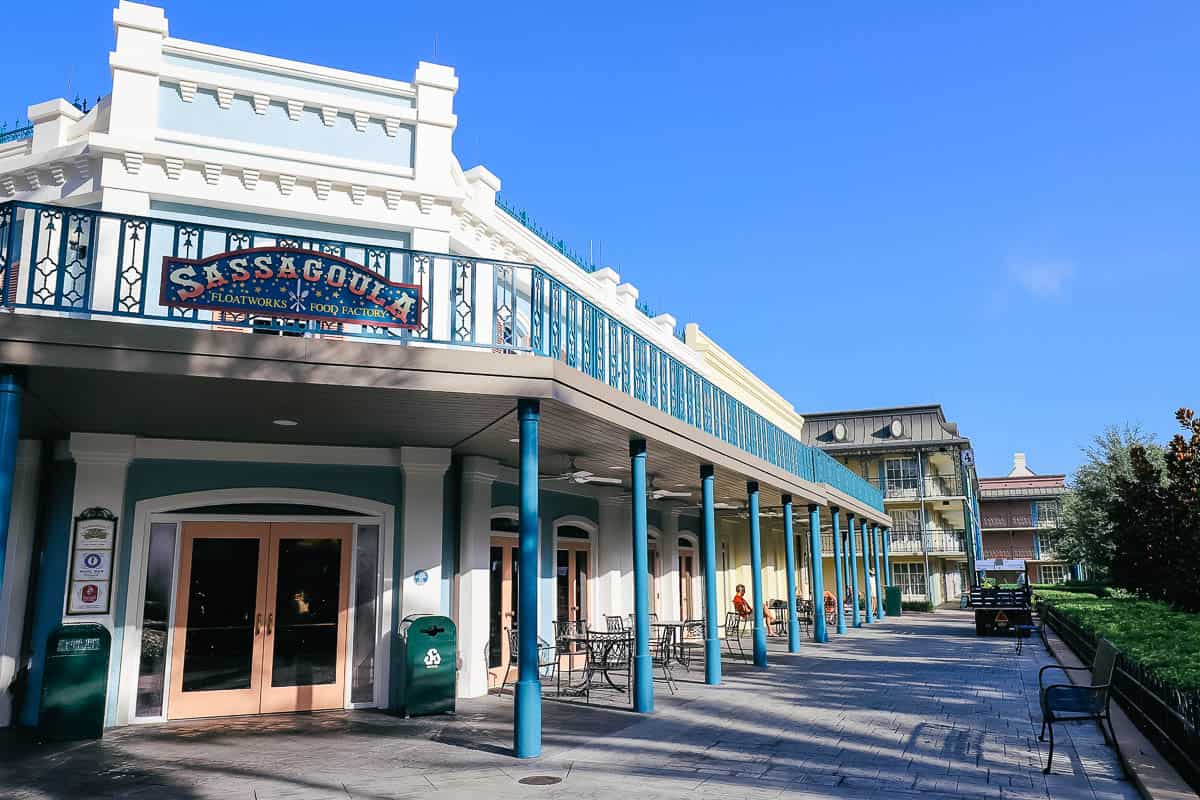 Sassagoula Floatworks entrance with tables and chairs outside 