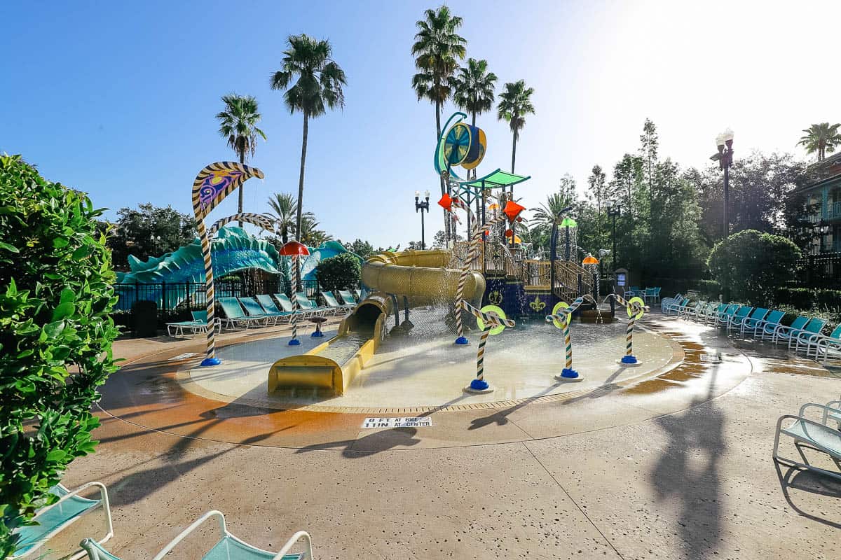 the aquatic play area with jets and slides at Port Orleans French Quarter 