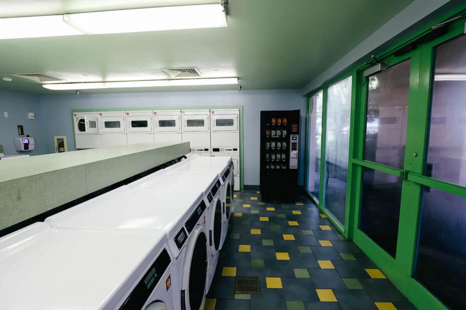 the interior of the Laundry on the Levee laundry facility at Port Orleans Riverside with washers and dryers 