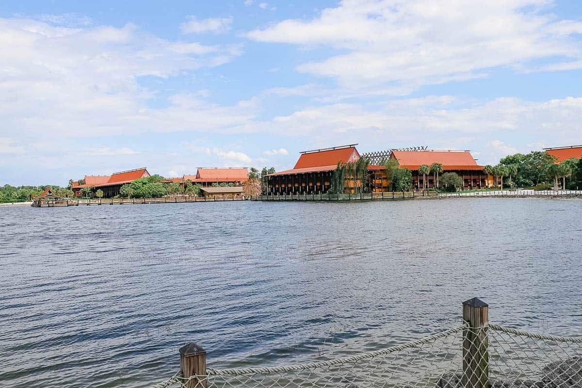 view of Disney's Polynesian across Seven Seas Lagoon 