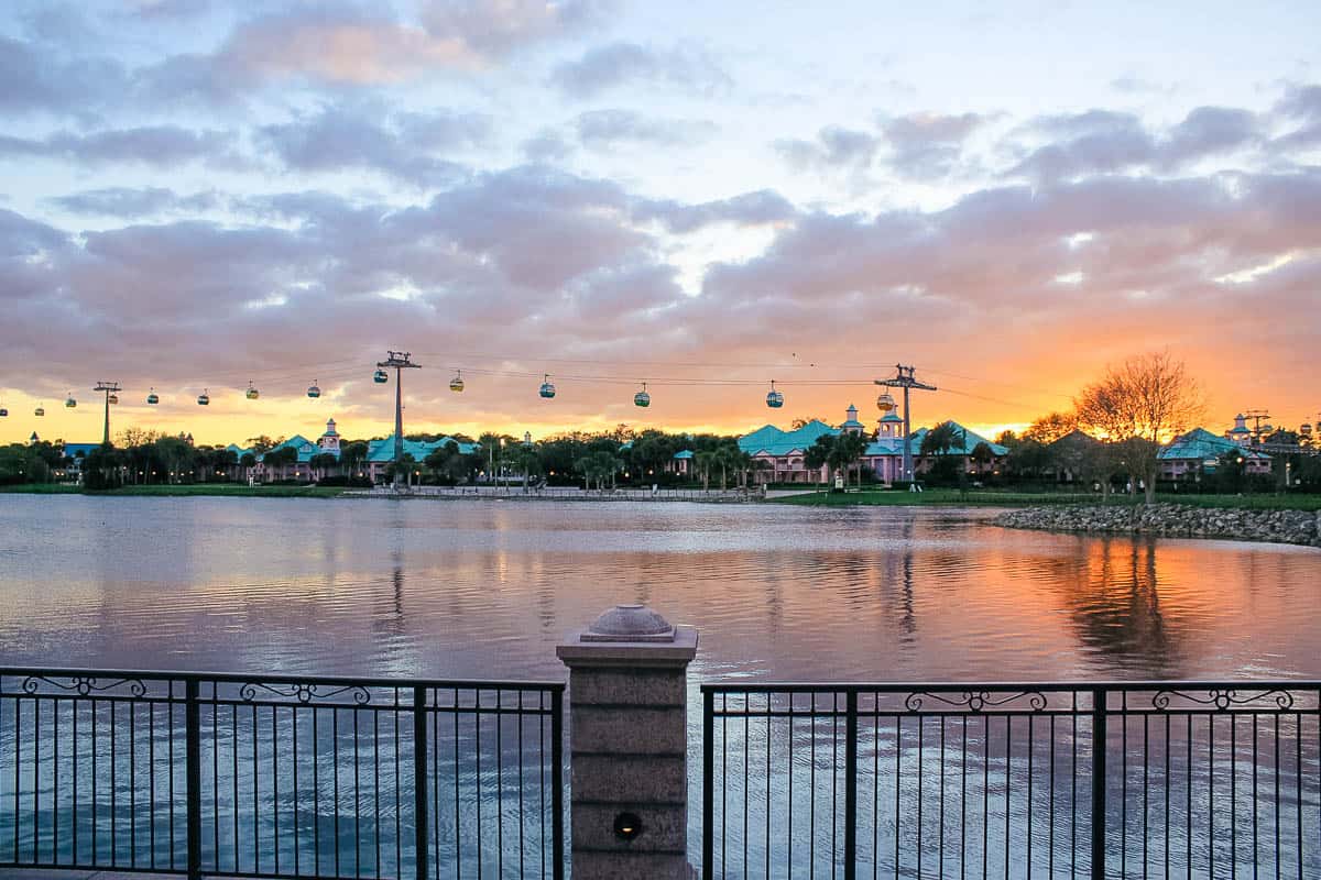sunset over the Disney Skyliner from Disney's Riviera 
