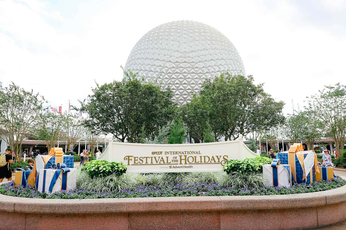 A display for the Epcot International Festival of the Holiday at the park's front entrance.