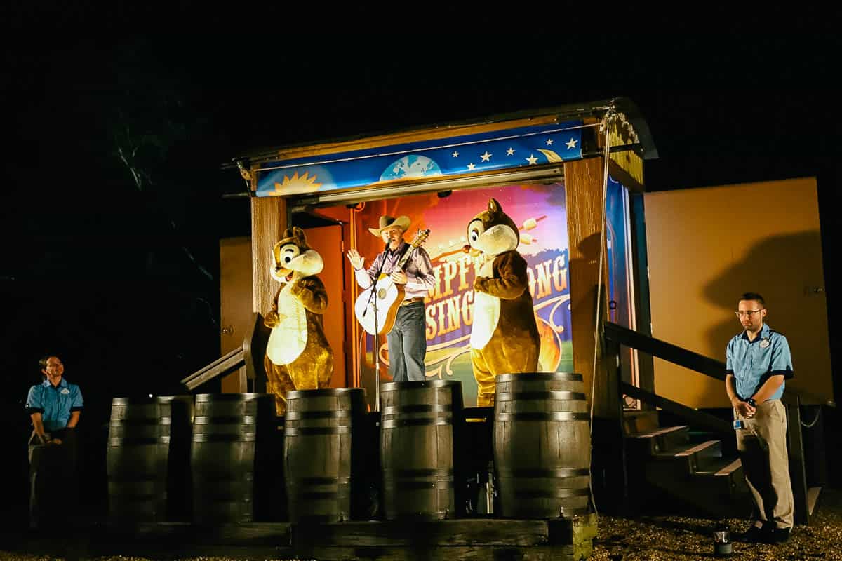 Chip and Dale joining the cowboy on stage at the Sing-A-Long 