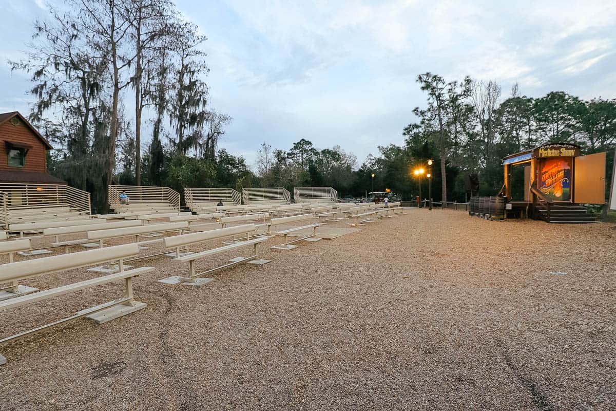 Outdoor theater with bleachers and benches at Fort Wilderness 