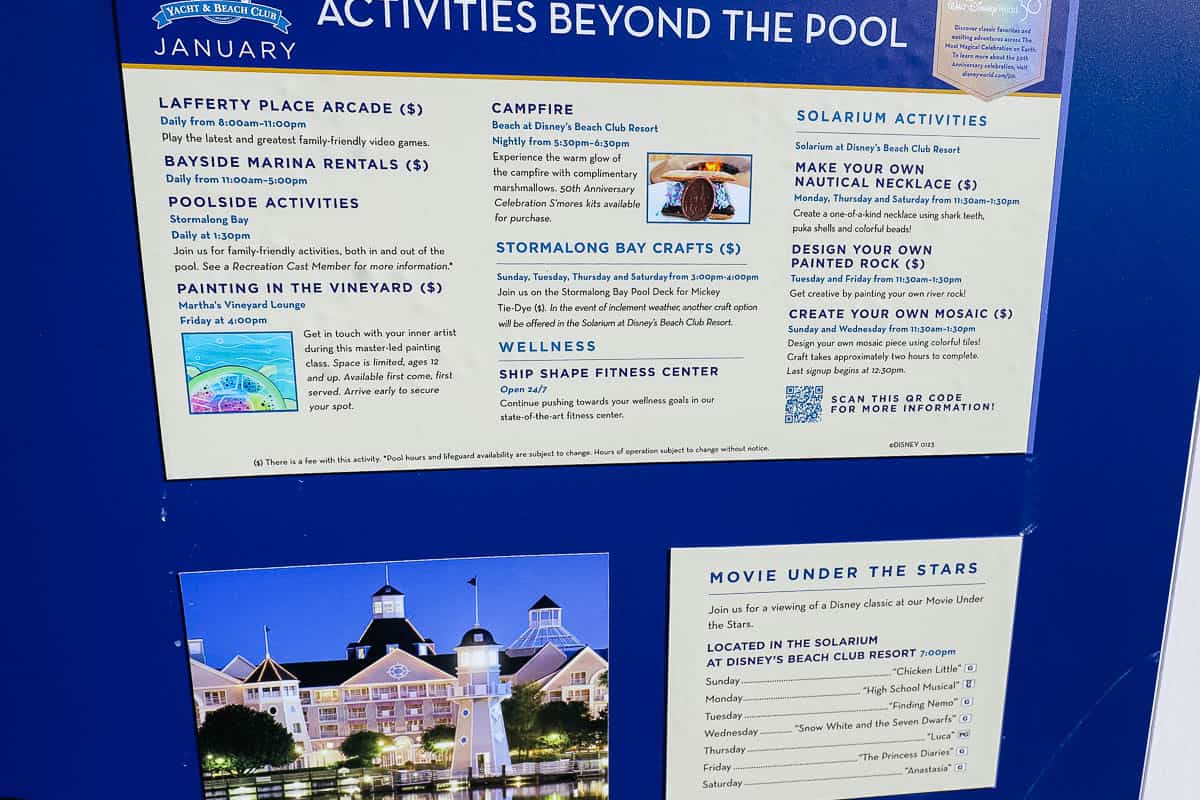 Recreation activities schedule at Disney's Yacht Club 