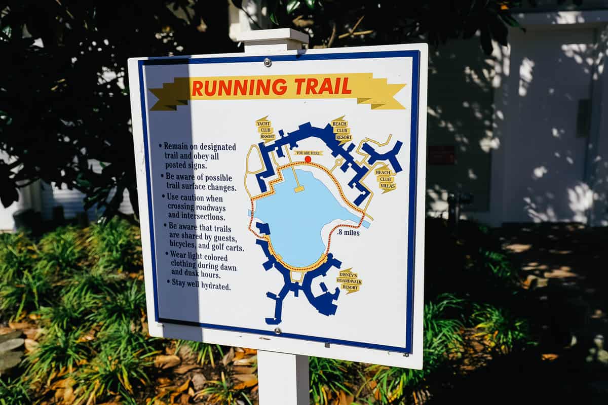 Posted running trail around Crescent Lake at Disney's Yacht Club. 