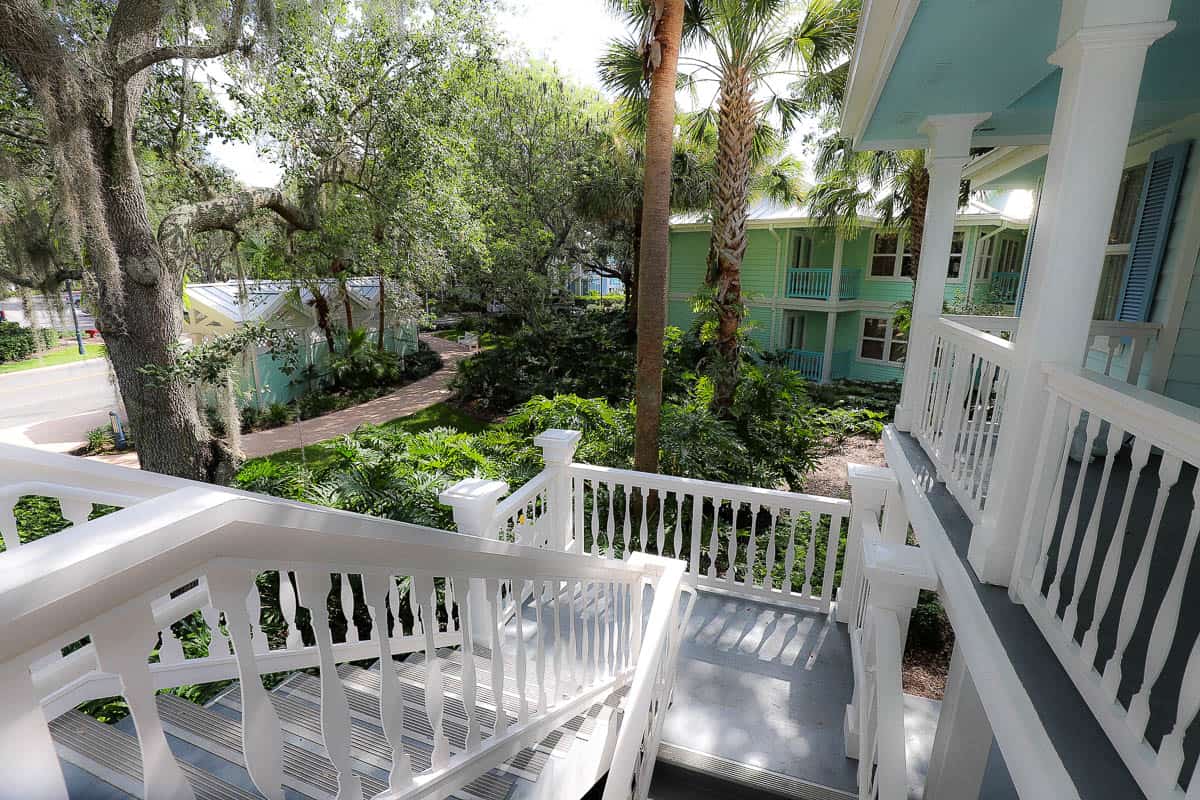 a view from our third floor accommodations that shows the stairs and the nearby bus stop