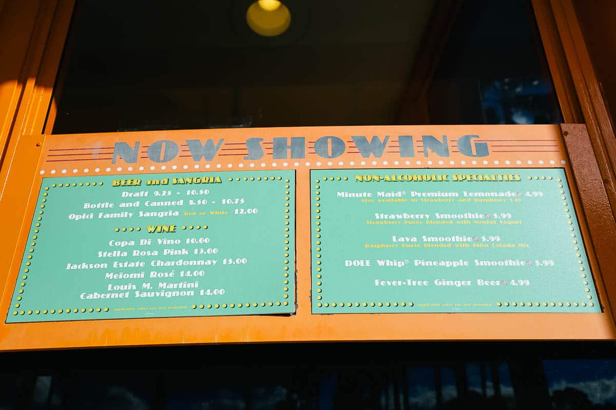 Menu boards with drinks for the Silver Screens Pool Bar 