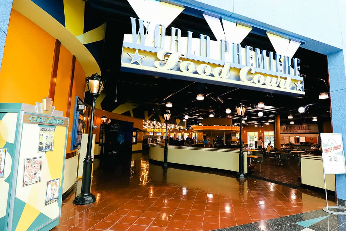 the entrance to World Premiere Food Court at Disney's All-Star Movies 