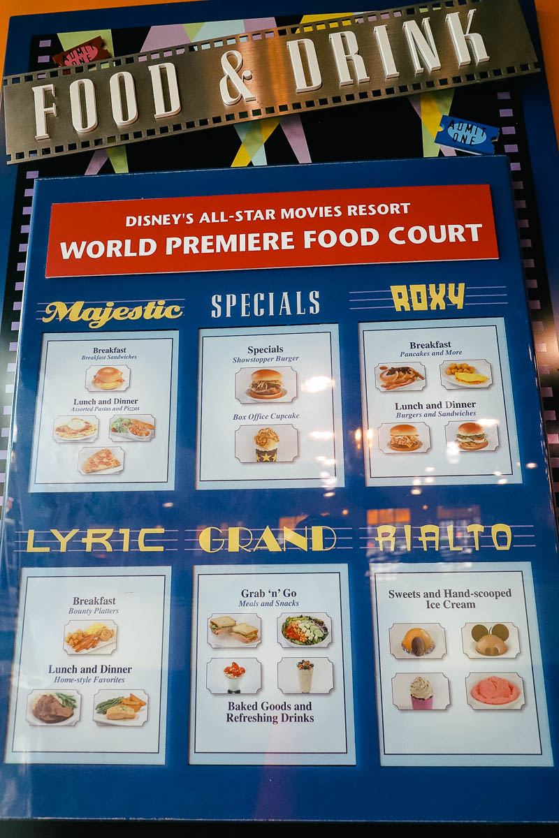 a menu board for Disney's All-Star Movies Food Court 