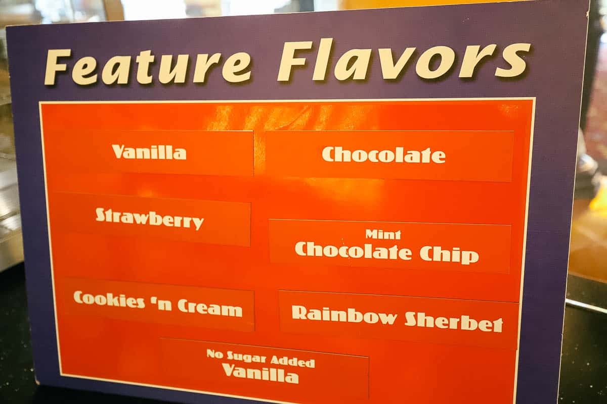 A list of the ice cream flavors like vanilla, chocolate, strawberry, rainbow sherbet, mint chocolate chip, cookies 'n cream, no sugar added vanilla 