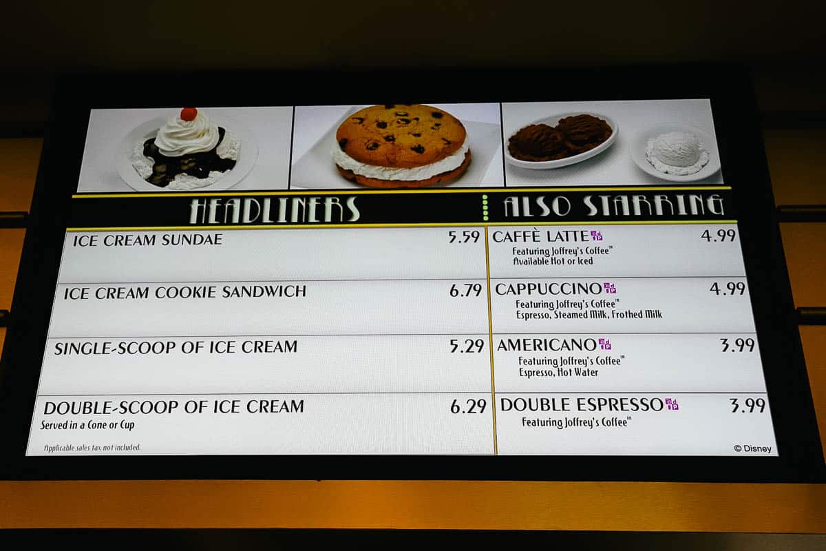 a dessert station menu in All-Star Movies food court 