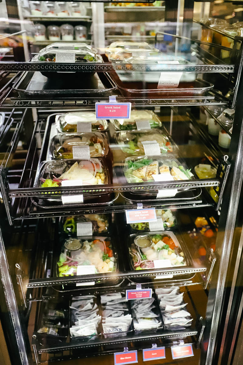a case with pre-made salads at World Premiere Food Court 