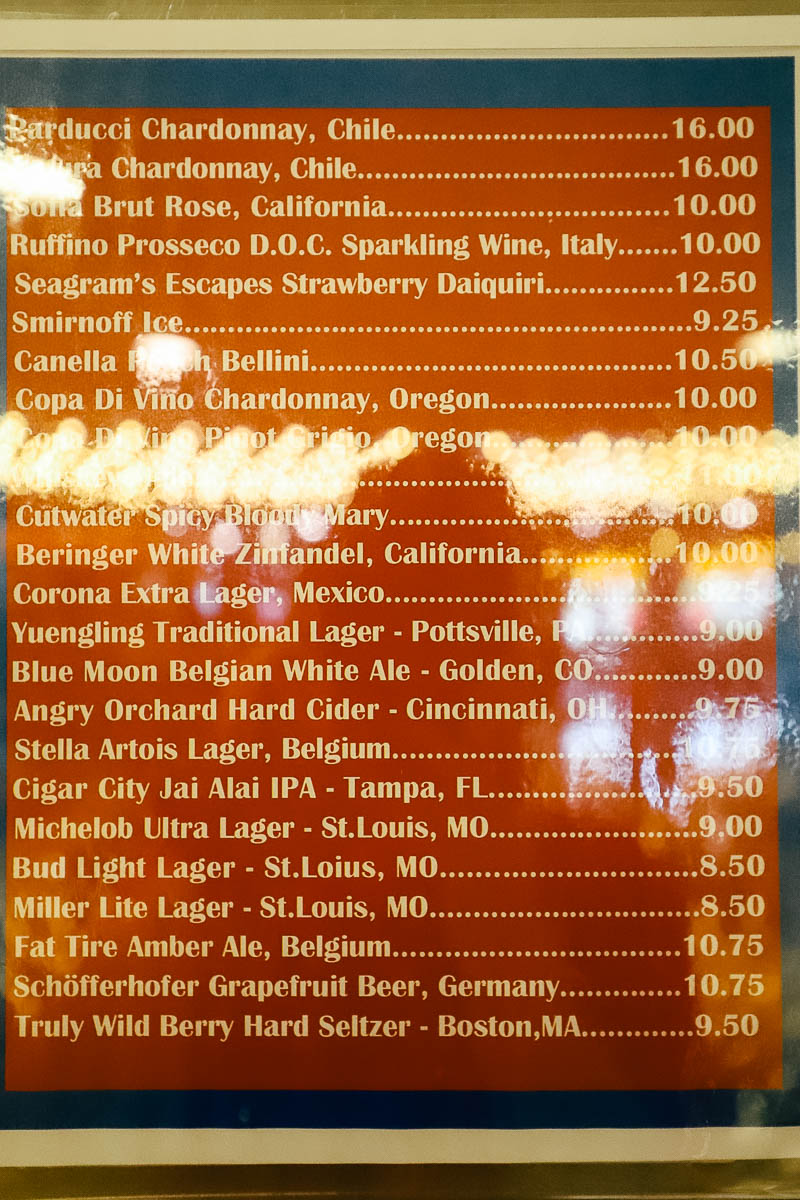 a list of wine and beer with prices 
