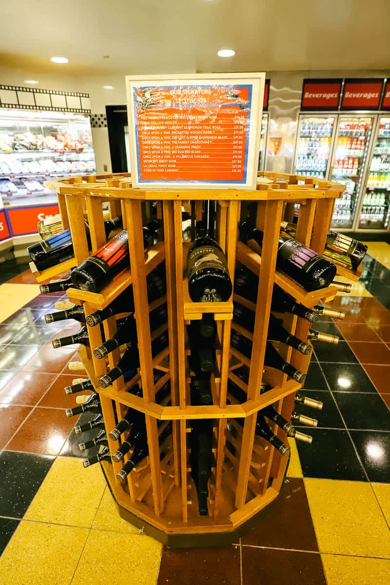 a display with bottles of wine in World Premiere Food Court 