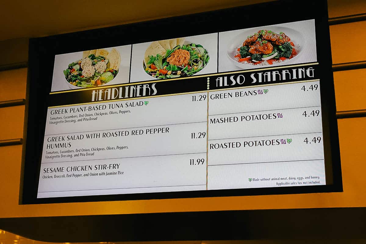 a menu with sides items like Greek-Plant Based Tuna Salad and Sesame Chicken Stir Fry 