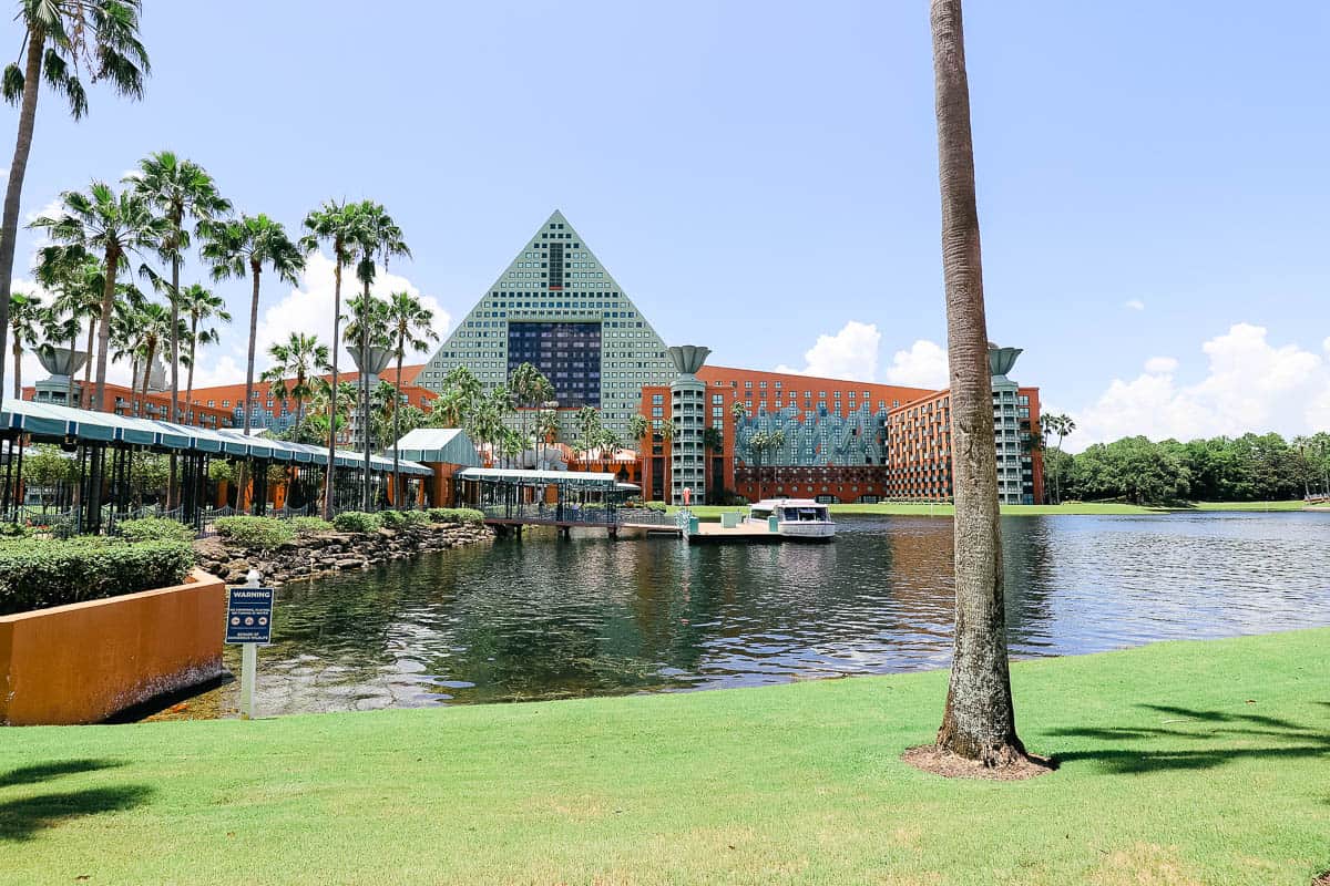 a boat docked at the Swan and Dolphin